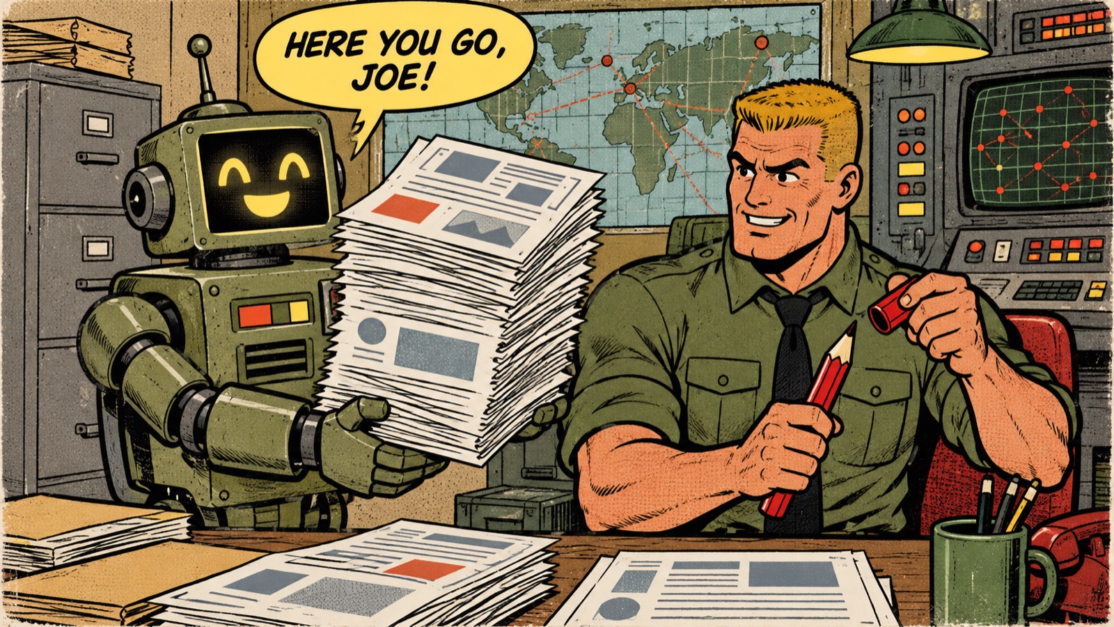Comic panel: a boxy robot hands a stack of web pages to the office commando, who is already uncapping a red pencil